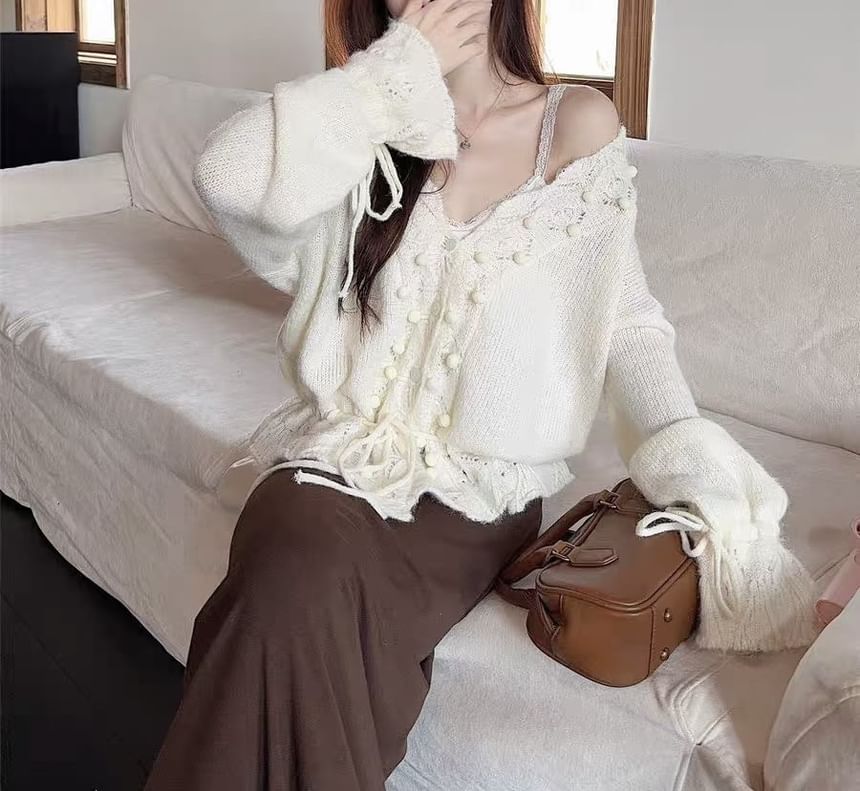 Beaded V-Neck Plain Cardigan