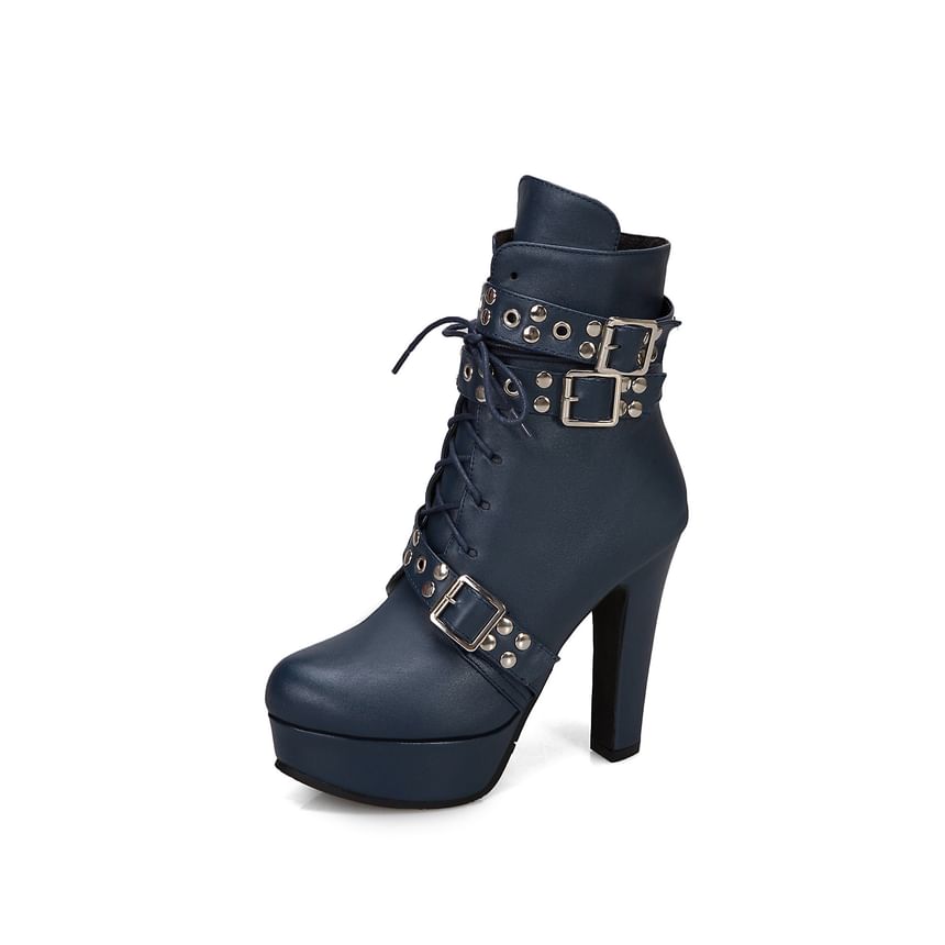Studded Buckled Lace-Up Platform Chunky Heel Short Boots