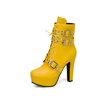 Studded Buckled Lace-Up Platform Chunky Heel Short Boots