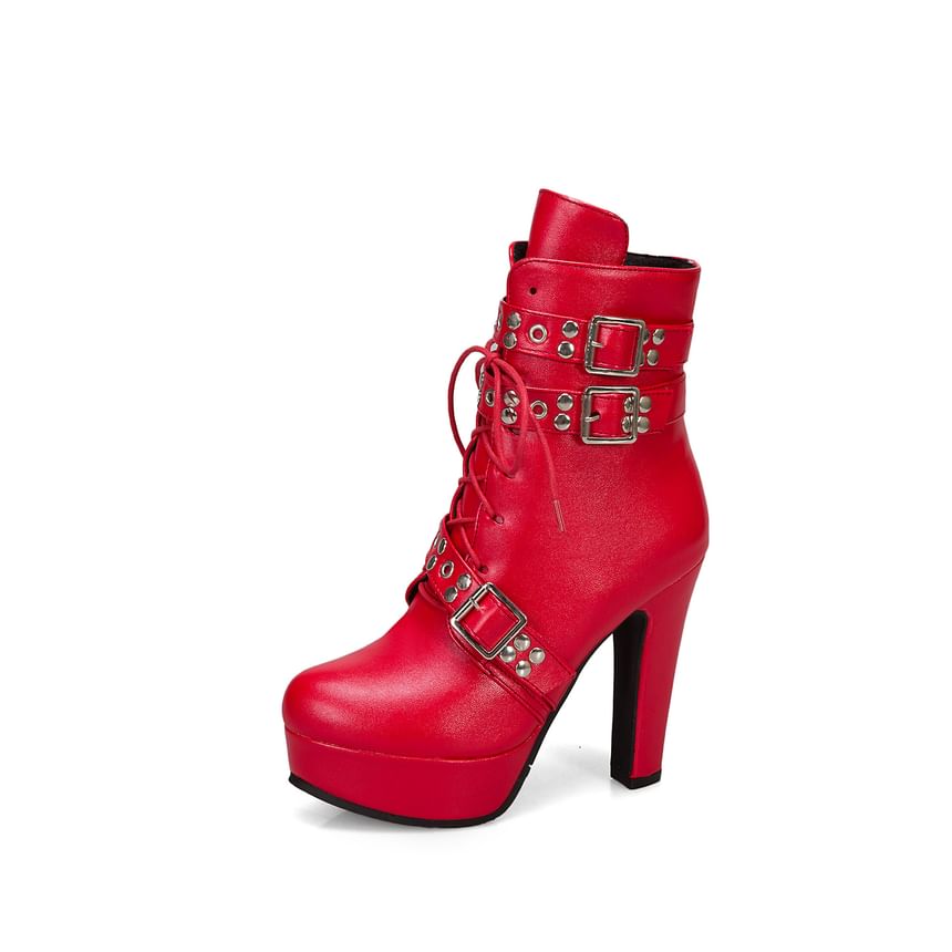 Studded Buckled Lace-Up Platform Chunky Heel Short Boots