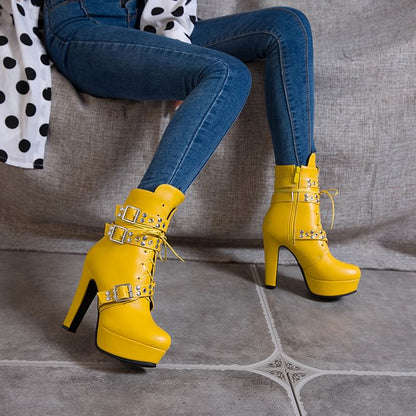 Studded Buckled Lace-Up Platform Chunky Heel Short Boots