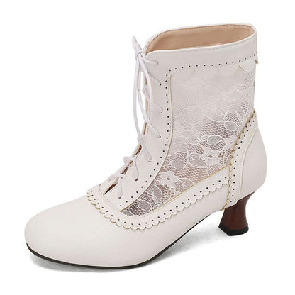 Lace Panel Lace-Up Kitten Heel Short Boots
