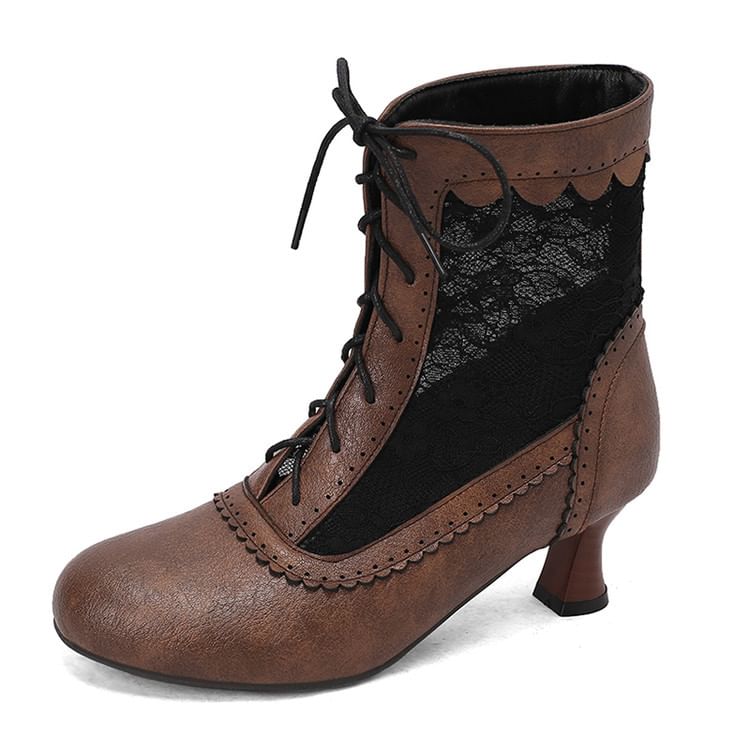 Lace Panel Lace-Up Kitten Heel Short Boots