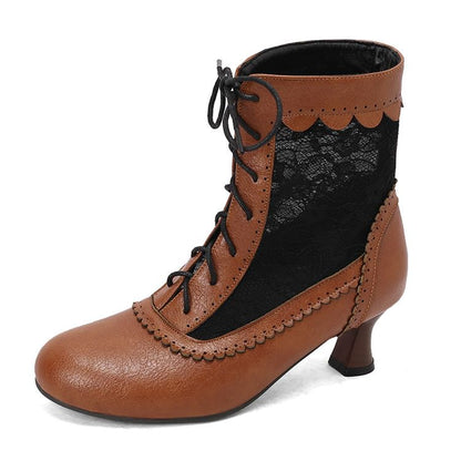 Lace Panel Lace-Up Kitten Heel Short Boots