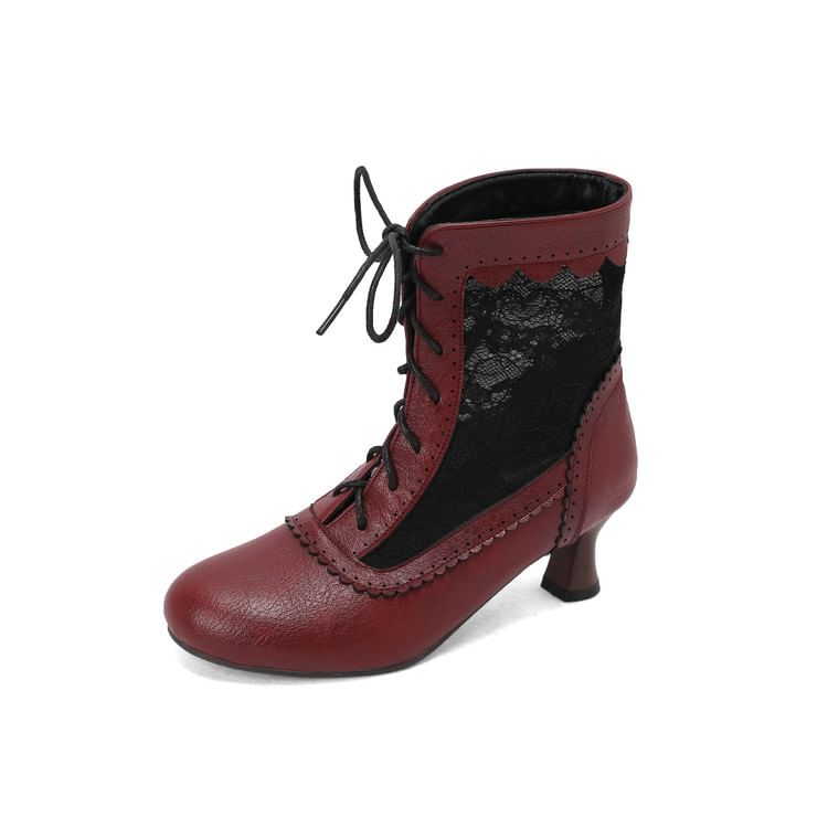 Lace Panel Lace-Up Kitten Heel Short Boots