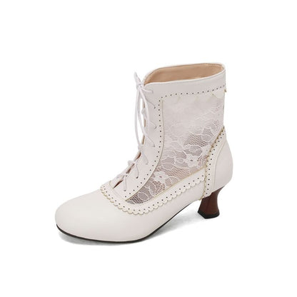 Lace Panel Lace-Up Kitten Heel Short Boots
