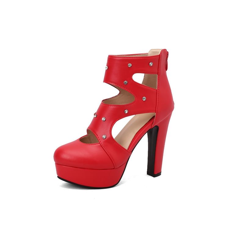 Rhinestone Cutout Platform Chunky Heel Pumps