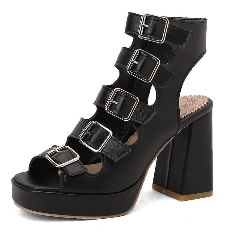 Buckled Strappy Platform Chunky Heel Sandals