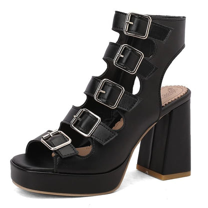 Buckled Strappy Platform Chunky Heel Sandals
