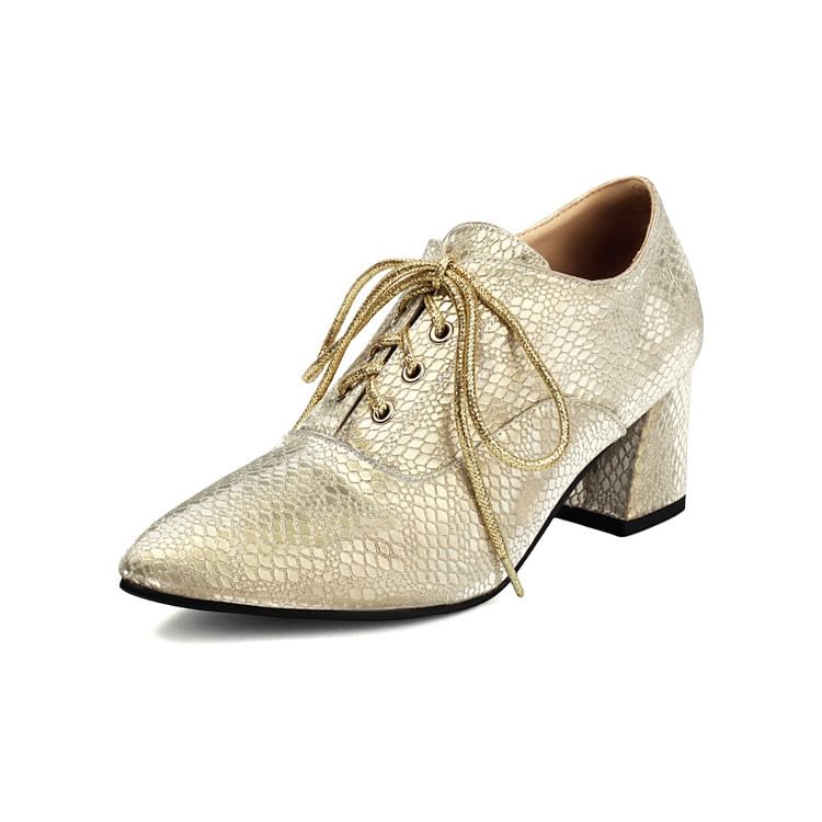 Pointed Lace-Up Chunky Heel Loafers