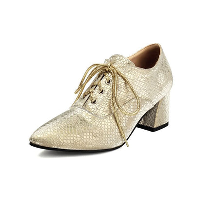 Pointed Lace-Up Chunky Heel Loafers