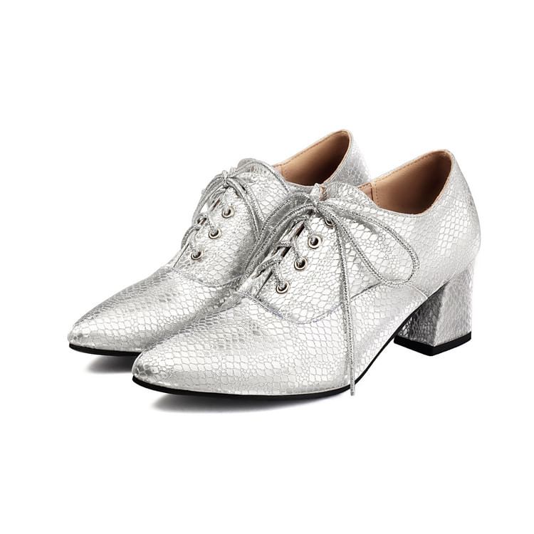 Pointed Lace-Up Chunky Heel Loafers