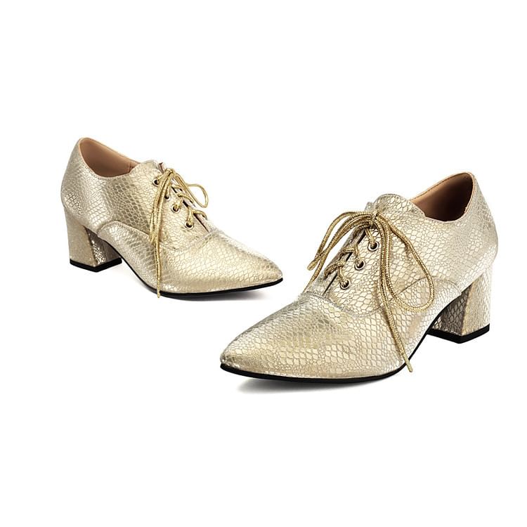 Pointed Lace-Up Chunky Heel Loafers