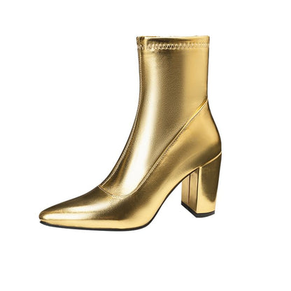 Pointed Chunky Heel Short Boots