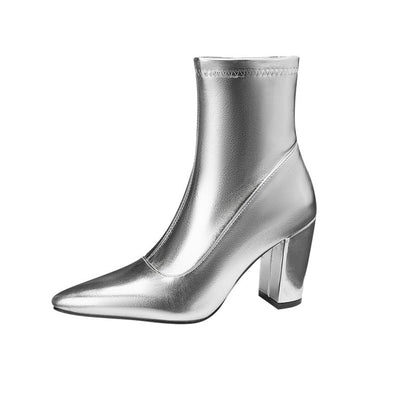 Pointed Chunky Heel Short Boots