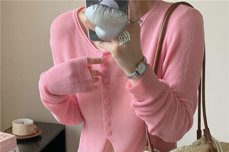 Sheer Slit Crewneck Button-Up Cardigan