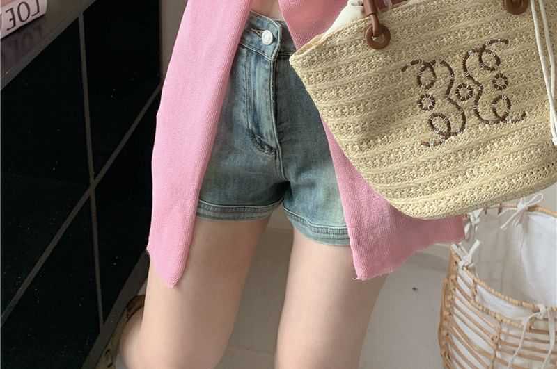 Sheer Slit Crewneck Button-Up Cardigan