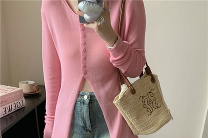 Sheer Slit Crewneck Button-Up Cardigan