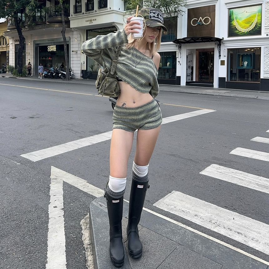 Striped Long-Sleeved Cropped Knit Top & Low-Rise Knitted Shorts