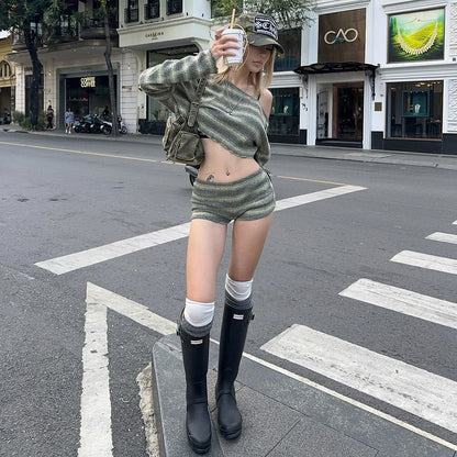 Striped Long-Sleeved Cropped Knit Top & Low-Rise Knitted Shorts