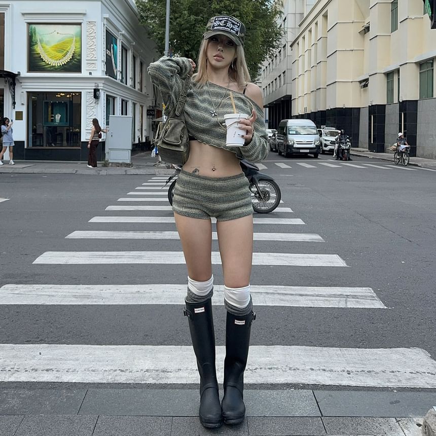 Striped Long-Sleeved Cropped Knit Top & Low-Rise Knitted Shorts
