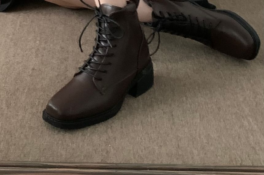 Chunky Heel Lace-Up Plain Faux Leather Short Boots