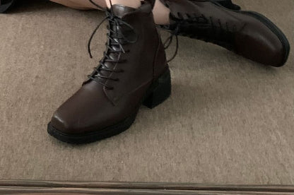 Chunky Heel Lace-Up Plain Faux Leather Short Boots