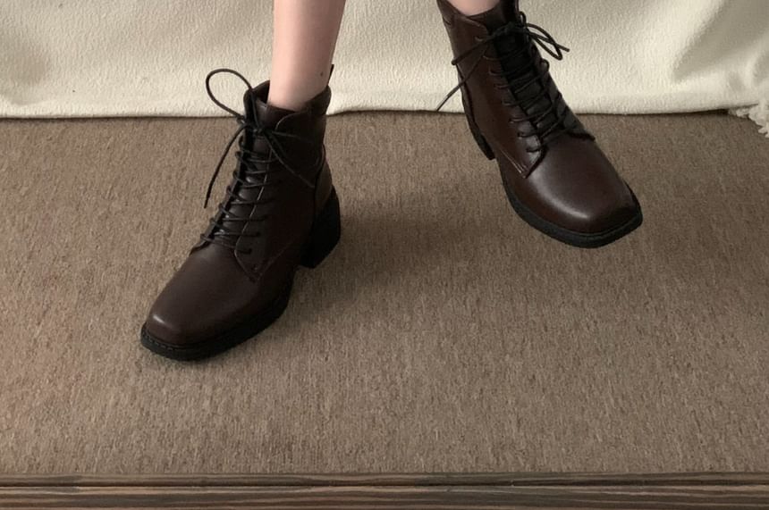 Chunky Heel Lace-Up Plain Faux Leather Short Boots