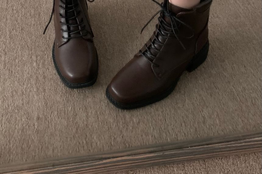 Chunky Heel Lace-Up Plain Faux Leather Short Boots