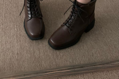 Chunky Heel Lace-Up Plain Faux Leather Short Boots