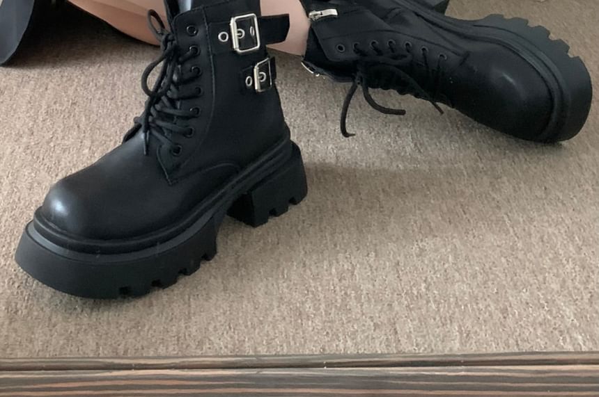 Platform Buckled Lace-Up Plain Faux Leather Short Boots