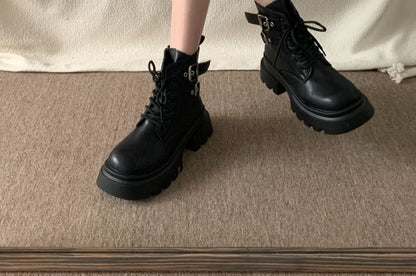 Platform Buckled Lace-Up Plain Faux Leather Short Boots