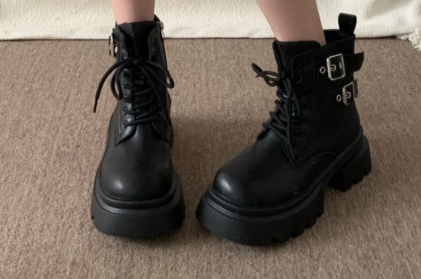 Platform Buckled Lace-Up Plain Faux Leather Short Boots