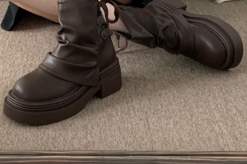 Platform Plain Ruched Faux Leather Short Boots