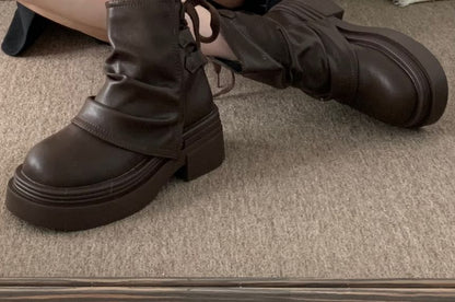 Platform Plain Ruched Faux Leather Short Boots