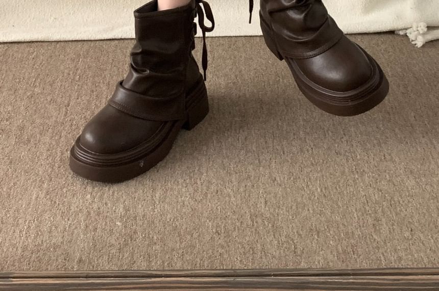Platform Plain Ruched Faux Leather Short Boots