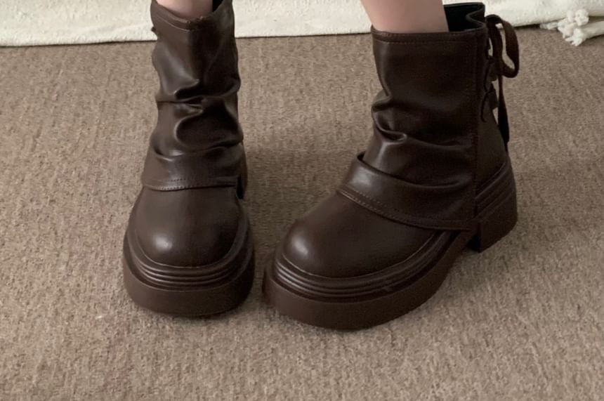 Platform Plain Ruched Faux Leather Short Boots