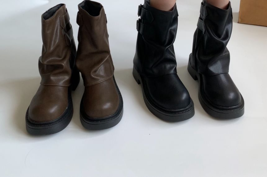 Platform Plain Buckled Faux Leather Short Boots