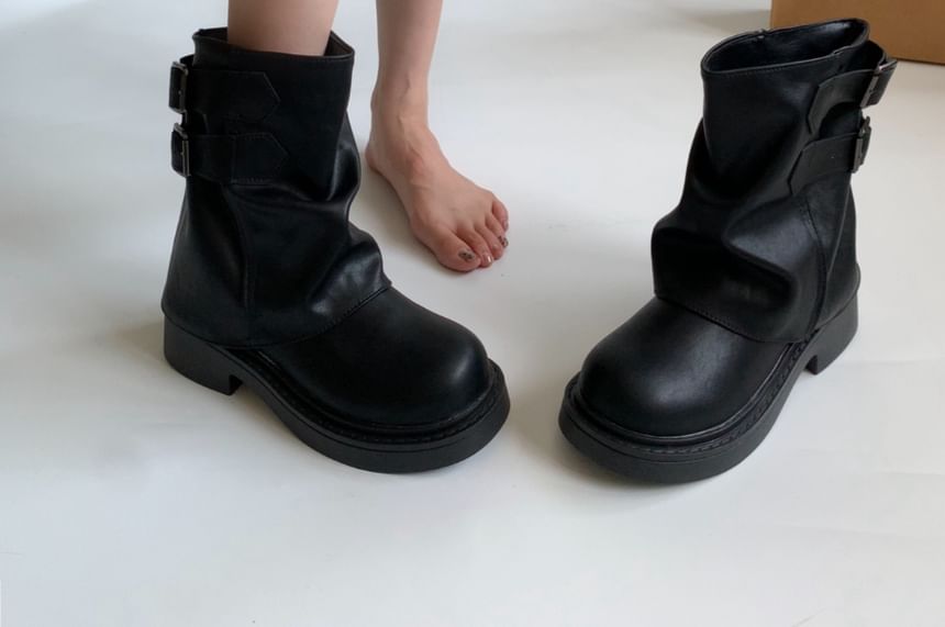 Platform Plain Buckled Faux Leather Short Boots
