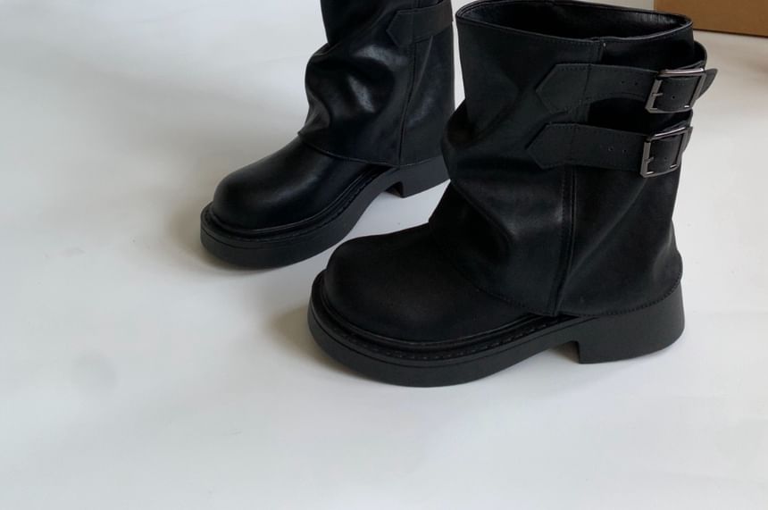 Platform Plain Buckled Faux Leather Short Boots