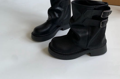 Platform Plain Buckled Faux Leather Short Boots