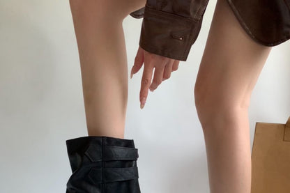 Platform Plain Buckled Faux Leather Short Boots