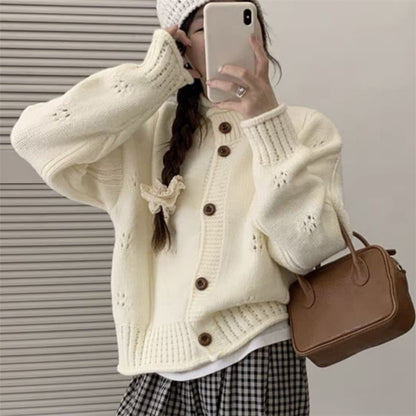 Stand Collar Perforated Button-Up Cardigan