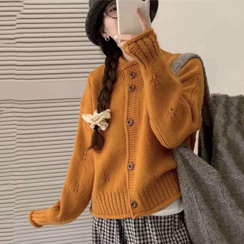 Stand Collar Perforated Button-Up Cardigan
