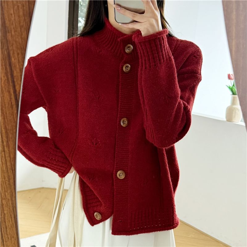 Stand Collar Perforated Button-Up Cardigan