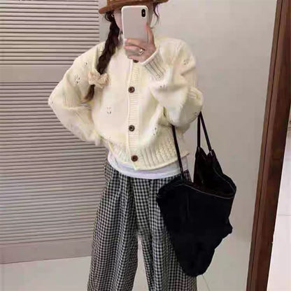 Stand Collar Perforated Button-Up Cardigan