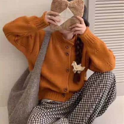 Stand Collar Perforated Button-Up Cardigan