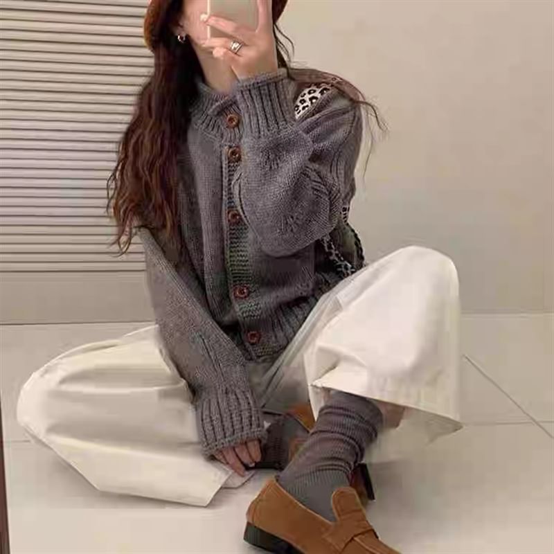 Stand Collar Perforated Button-Up Cardigan