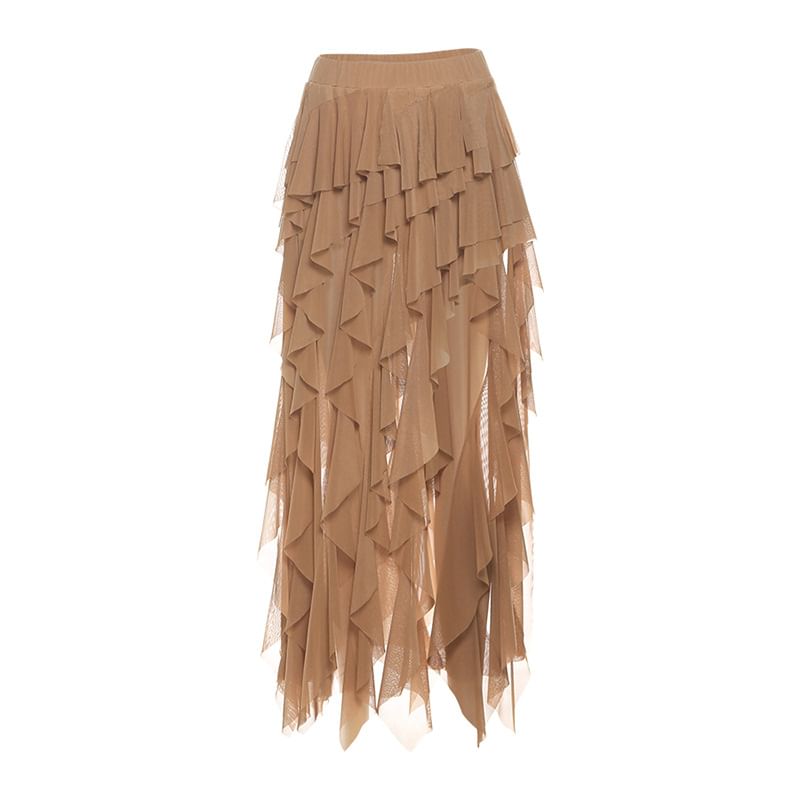 Plain Ruched Square-Neck Long-Sleeved Slim Top & Asymmetric Maxi Skirt