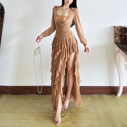 Plain Ruched Square-Neck Long-Sleeved Slim Top & Asymmetric Maxi Skirt